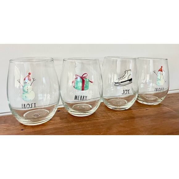 Rae Dunn Set of 4 Christmas Holiday  Stemless Wine Glasses Frosy Joy Merry - Picture 3 of 10